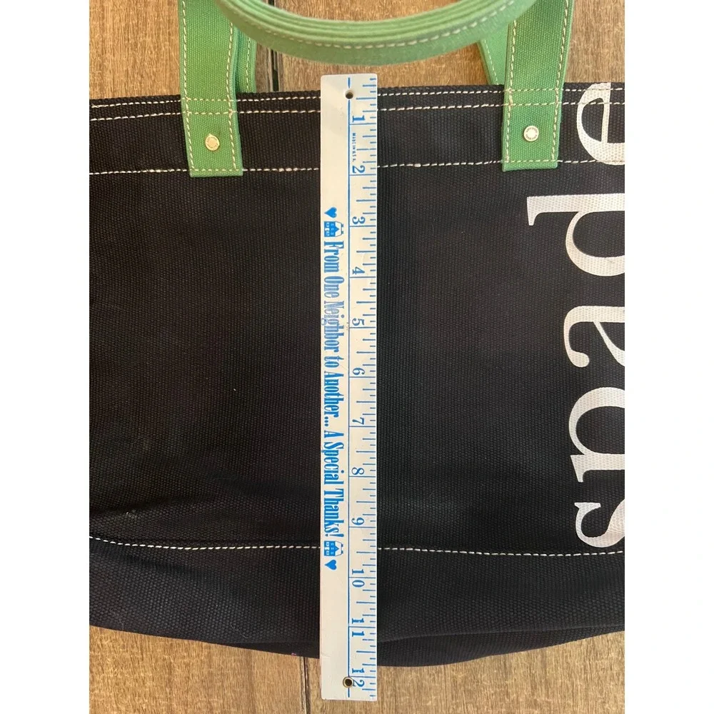 Kate Spade New York Canvas Tote Bag Black With Green Handles Bold Logo Chic